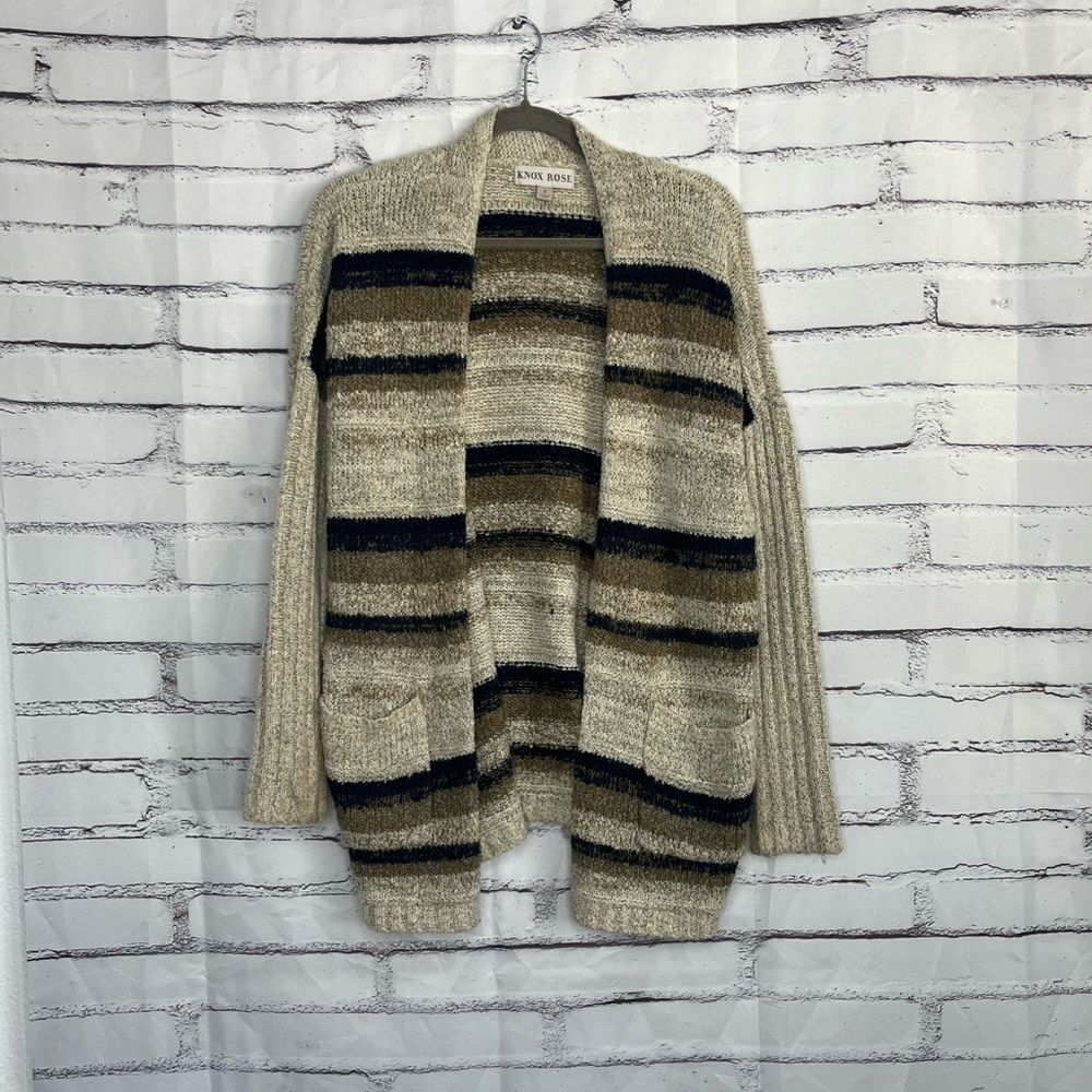 Knox Rose Striped Open Front Cardigan Women’s Small Beige Navy Pocket Sweater